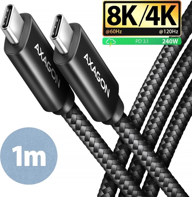 AXAGON USB‑C to USB‑C cable USB4 40 Gb/s, PD 240 W, 8K, 1 m, aluminum, braided, black