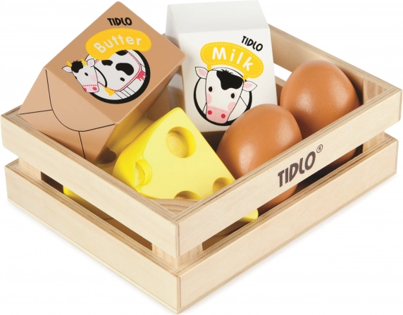 Tidlo wooden crate with dairy products and eggs