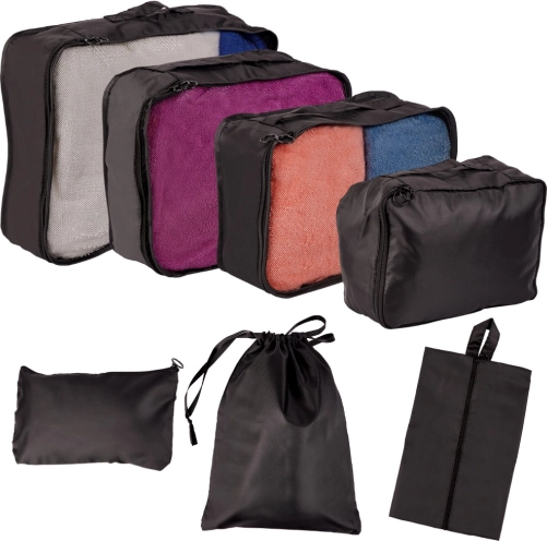 Reisorganizers voor in de koffer – set van 7 stuks, waterdichte tassen en schoenenzak – Zwart