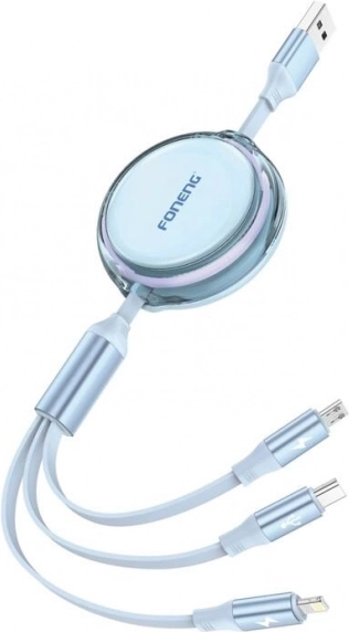 Foneng 3-in-1 cable with telescopic retraction 1.1 m blue
