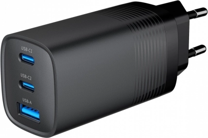 Schwarzes 65W GaN USB-Ladegerät mit 1x USB-A und 2x USB-C-Anschlüssen