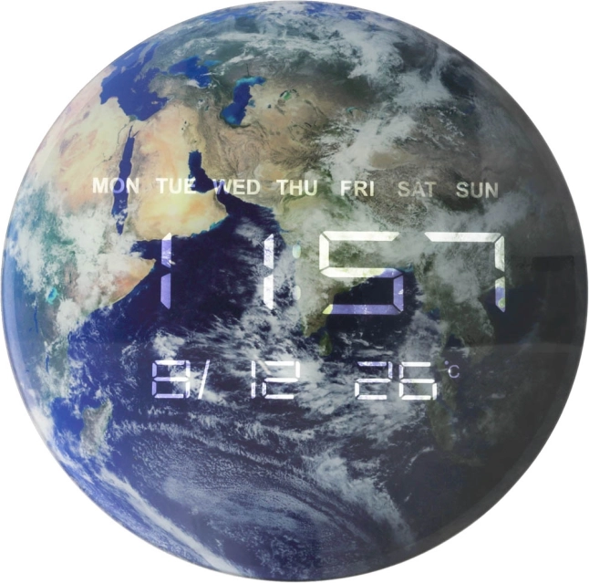 Wandklok wereldbol met digitaal LED-display 32 cm, blauw
