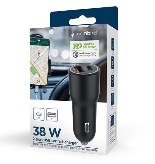 Fast Black USB-A/USB-C Car Charger 38W PD