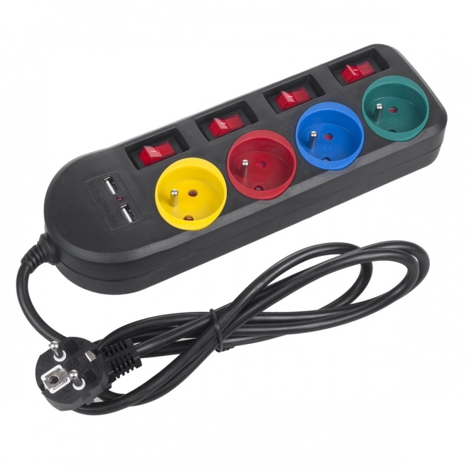 Verdeelstekker met schakelaar 4 stopcontacten + 2xUSB verlengkabel MCE229B zwart