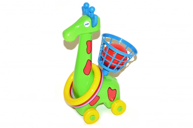 Giraffe gooien op wieltjes met ringen en mandje