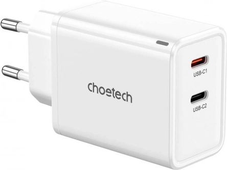 Choetech GaN netlader 65 W, 2× USB‑C (wit)