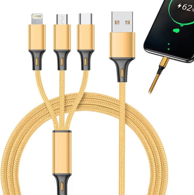 Câble de charge universel 3‑en‑1 avec connecteurs Lightning, Micro USB et USB‑C 1,2 m – Doré