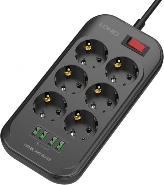 LDNIO stekkerdoos met 6 stopcontacten en 4 USB-poorten, 2m zwart