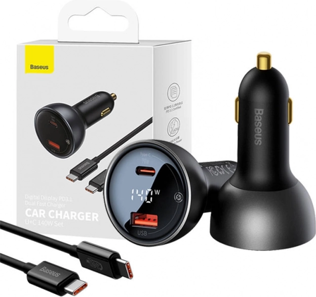 Baseus Supreme Kfz‑Ladegerät mit Display, USB‑C + USB, 140 W, Schwarz