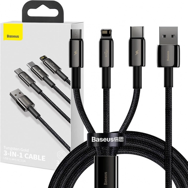 Baseus Tungsten Gold 3-in-1 charging and data cable USB to Lightning / USB‑C / micro USB, 3.5 A, 1.5 m (black)