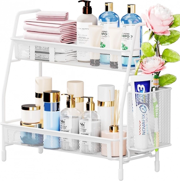 Two-tier metal organizer with side basket – white