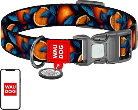 Nylon dog collar WAU DOG Oranges with QR tag, size L