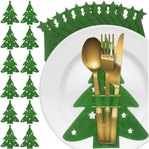 Kerstbestekhoesjes van vilt - groene boompjes, set van 12 stuks
