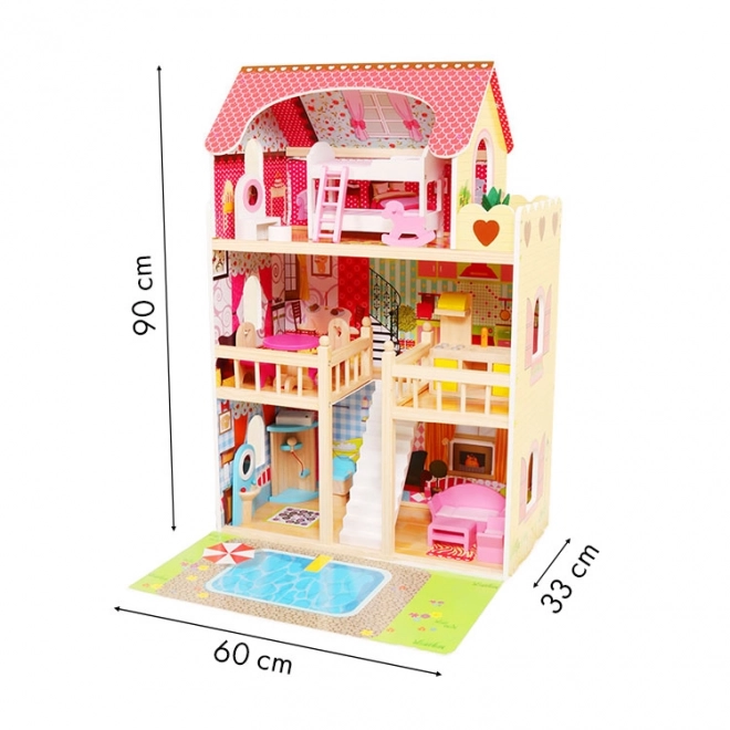 Houten poppenhuis, meubels, zwembad + verlichting ECOTOYS