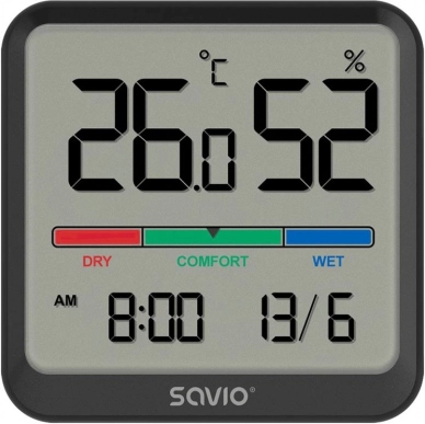 Thermomètre et hygromètre numériques SAVIO avec LCD, horloge et date, support magnétique – noir
