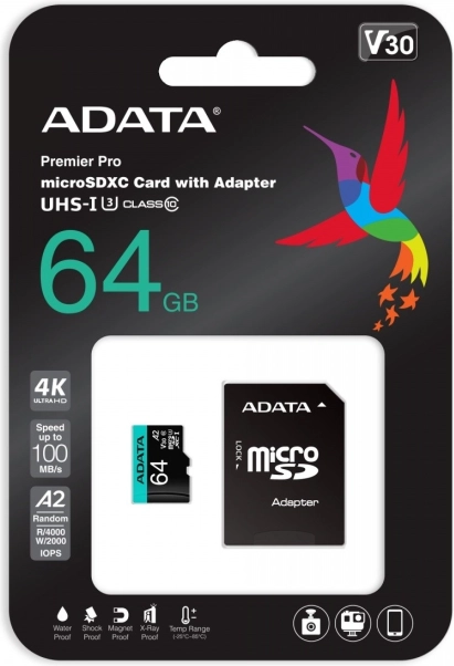 Premier Pro microSD Card 64 GB UHS-I U3 V30 A2 + SD Adapter