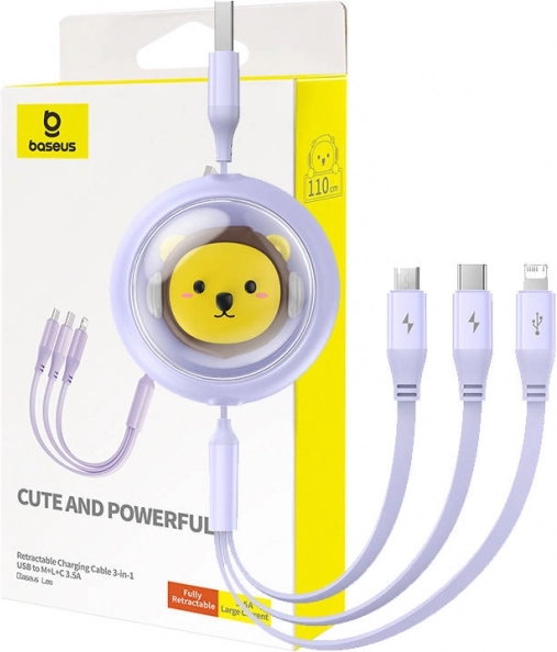 Uitschuifbare 3-in-1 oplaadkabel BASEUS USB naar USB‑C, Lightning en Micro USB 3,5 A, 1,1 m – paars