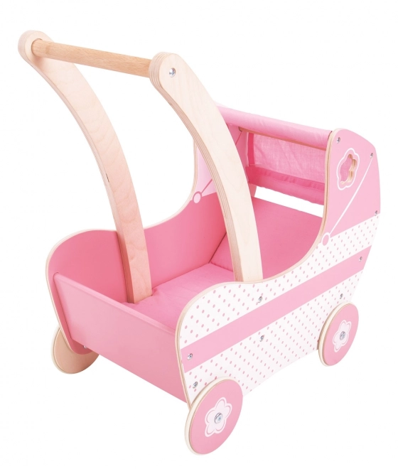 Houten roze poppenwagen
