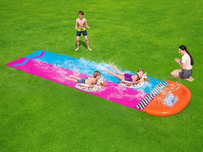 Tweepersoons waterglijbaan Lama Rama – Roze-blauw met matrassen