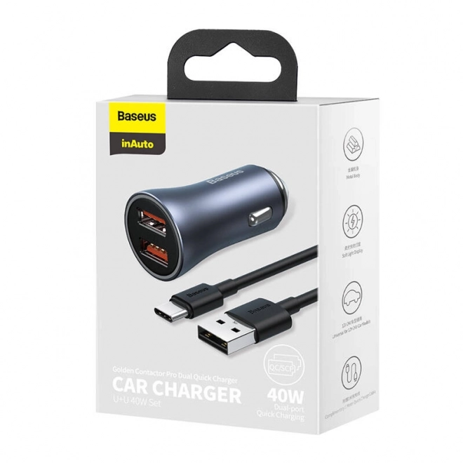 Baseus Car Charger with Dual USB and USB-C Cable