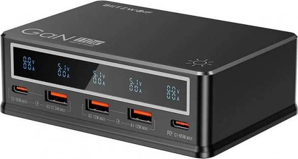 BlitzWolf 110 W bureaulader met PD, 3× USB‑A en 2× USB‑C, zwart