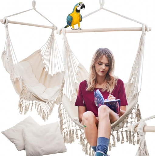 Brazilian hanging hammock chair with boho cushions, beige