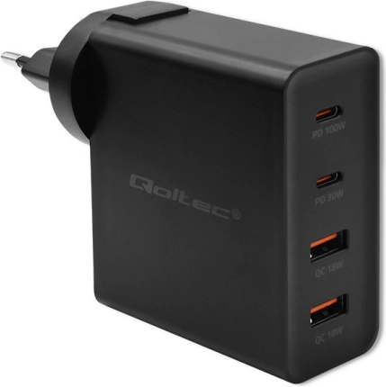 GaN-oplader Power Pro 130 W, 2× USB‑C, 2× USB‑A, PD, zwart