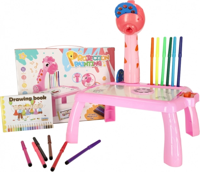 Roze kindertafeltje met projector en giraffe om te tekenen