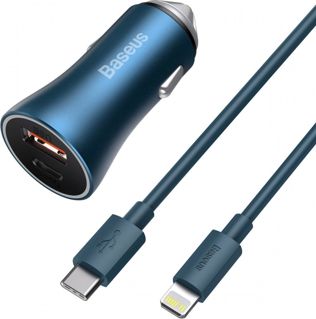 Baseus Golden Contactor Pro Autoadapter 40 W mit USB A und USB‑C + USB‑C‑auf‑Lightning‑Kabel 1 m Blau
