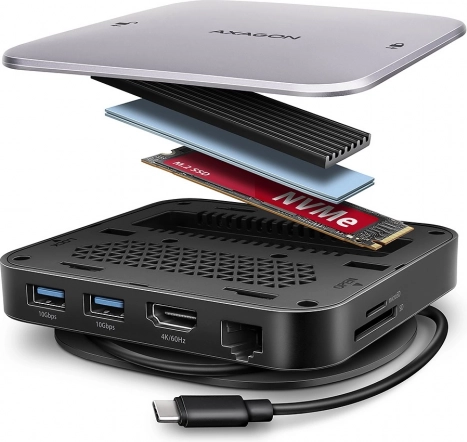AXAGON multi‑poort USB‑C hub 9‑in‑1 met M.2 NVMe/SATA, HDMI 4K/60 Hz, PD 100 W, GLAN en kaartlezer