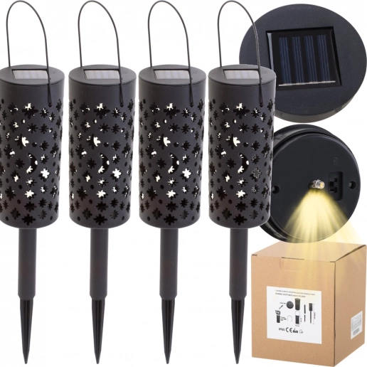 solarlantaarns voor in de tuin met decoratieve uitsparingen, LED, met schemersensor, prik- en hangbaar, 4 stuks