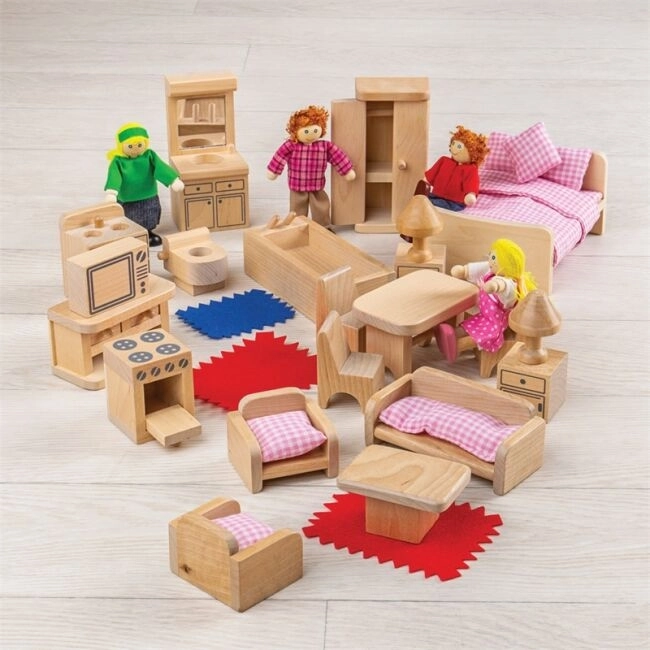 Meubelset en familie voor poppenhuis