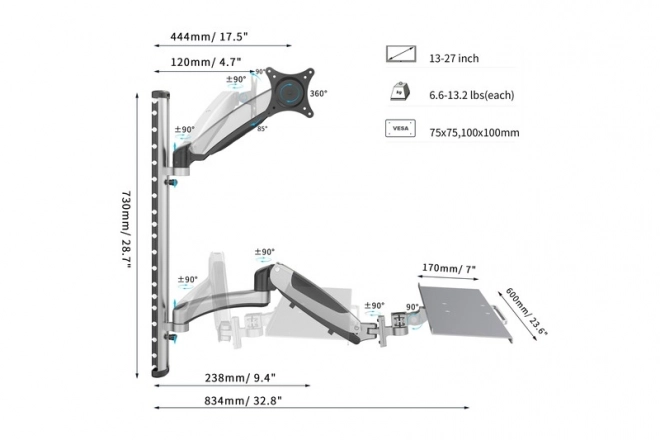 Bras mural pour moniteur et clavier, max. 27", max. 8kg, pivotant à 360°