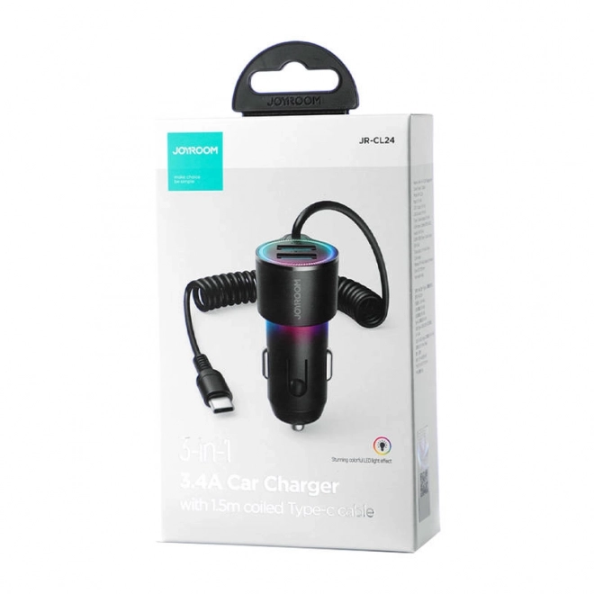 Joyroom Car Charger 2x USB with Type-C Cable (Black)