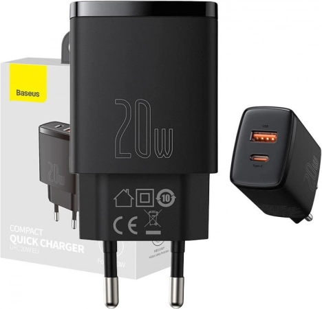 BASEUS 20W snellader voor het stopcontact met USB‑C en USB (zwart)