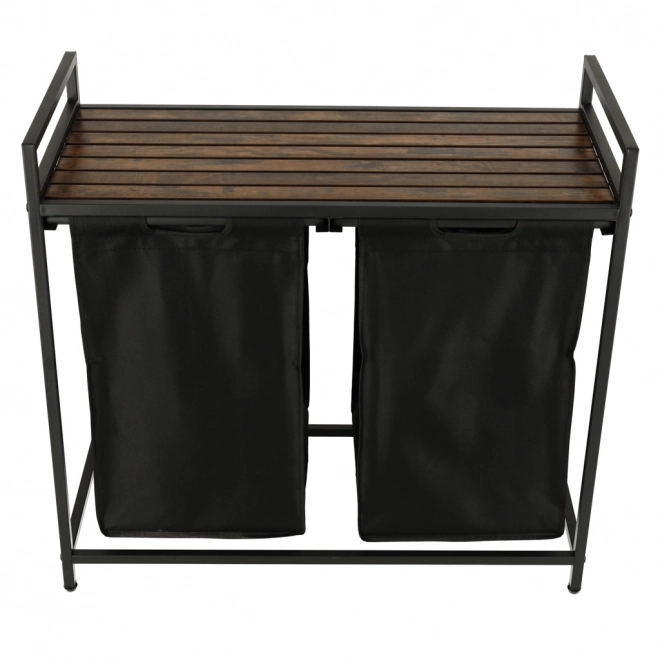 Dubbele wasmand met houten plank zwart Loft