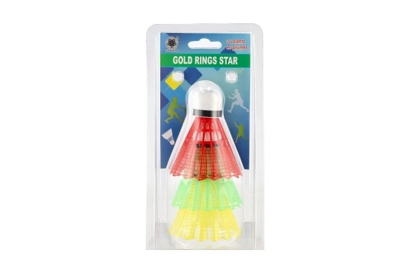 Shuttles/Kokers voor badminton kleurrijk plastic 3 stuks op kaart 11x21cm
