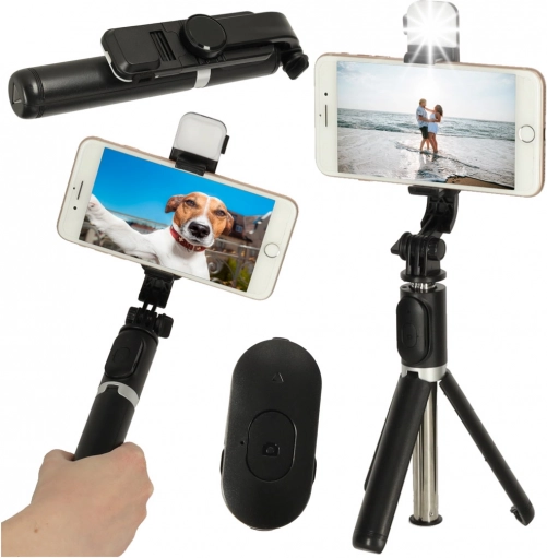 Perche à selfie avec télécommande Bluetooth et trépied avec lumière LED – noir