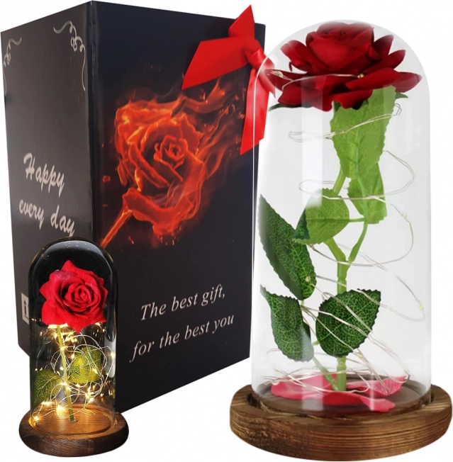Ewige Rose in Glaskuppel mit LED-Beleuchtung – Rot