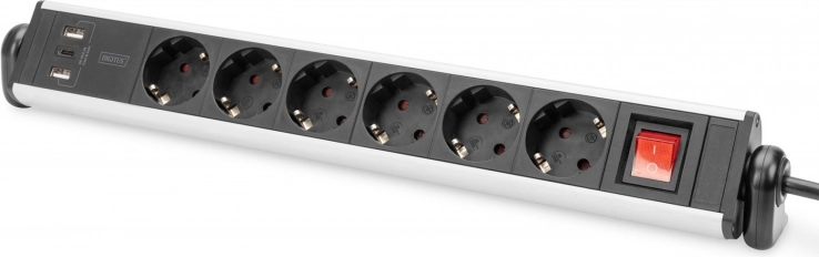 Bureau-stekkerdoos met 6 stopcontacten, 2x USB‑A en 1x USB‑C, 180° draaibaar, aluminium, met klemmen – DIGITUS