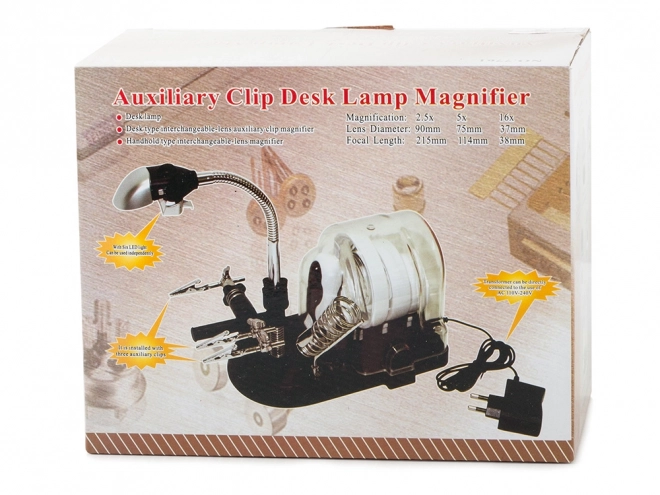 Led illuminated third hand magnifying glass with interchangeable lenses
