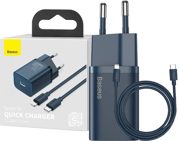 Baseus Super Si Schnellladegerät 20 W mit USB‑C + USB‑C–Lightning‑Kabel 1 m (blau)