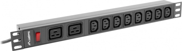 Lanberg rack-stroomverdeler PDU 19" 1U, 16 A, 8× C13 + 2× C19, ingang C20 – zwart