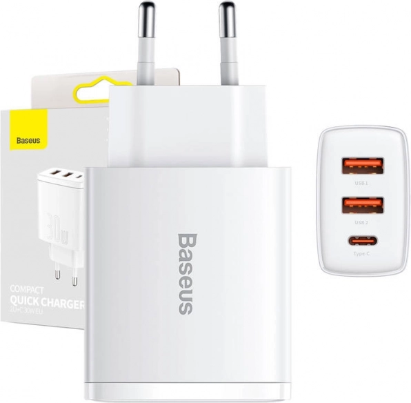 Baseus compacte snellader 30 W met USB‑C en 2× USB