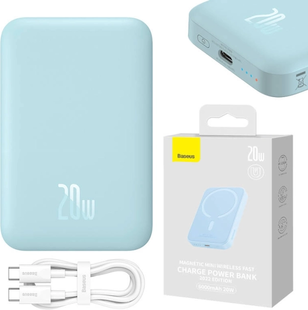 Baseus Magnetic Mini magnetische powerbank 6000 mAh, 20W, USB‑C, MagSafe, blauw