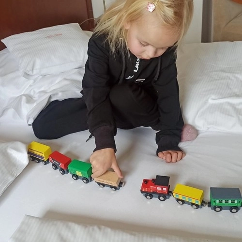 Houten treinen met wagons - 3 locomotieven en 9 wagons
