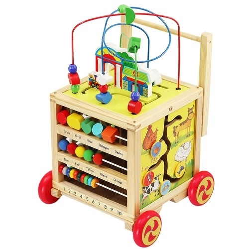 Wooden Push Walker and Educational Cube for Kids