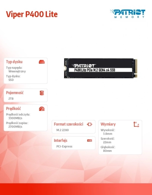 Disque SSD 2TB Patriot P400 Lite 3300/2700 MB/s PCIe M.2 Gen 4x4 NVMe 1.4