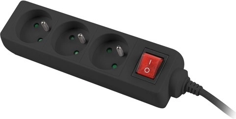 Verlengsnoer met 3 stopcontacten en schakelaar, 3 m, zwart, koperen kabel