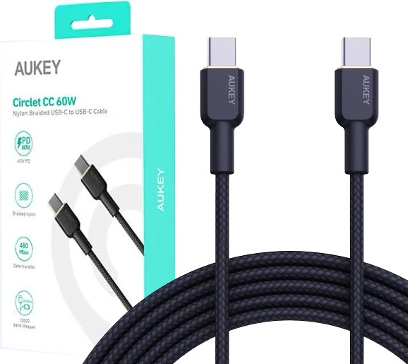 Aukey USB‑C to USB‑C Cable 1.8 m, 60 W PD, Nylon Braid, Black
